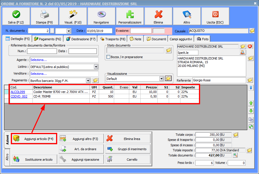 Esempio di creazione di un ordine a fornitore Ready Pro Manuale utente