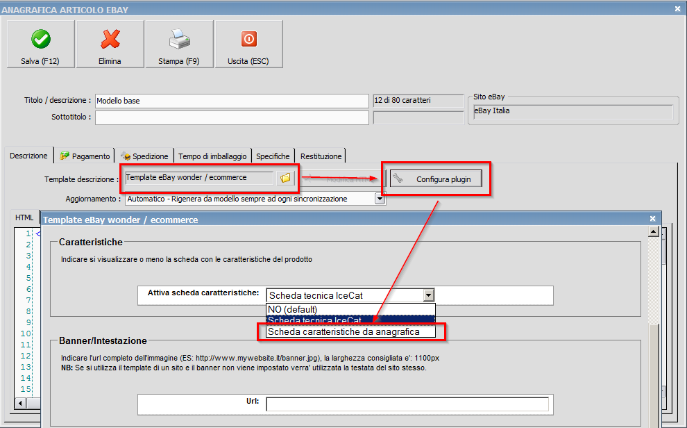 Inserimento della scheda caratteristiche sul template eBay WONDER