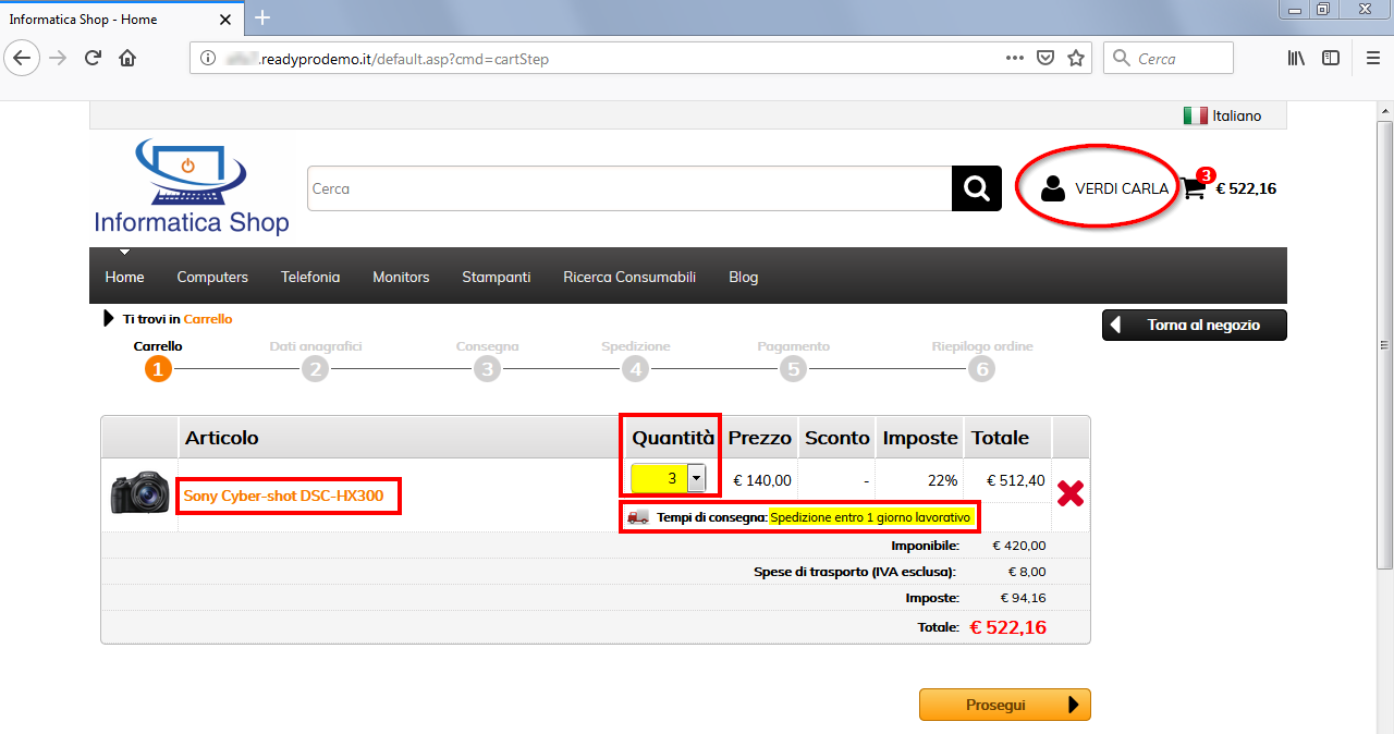 Visualizzazione dei tempi di consegna sul carrello Ready Pro