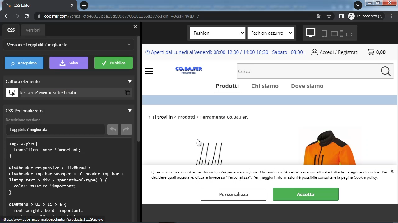 Accedere al pannello editor CSS tramite URL - Ready Pro - Manuale utente