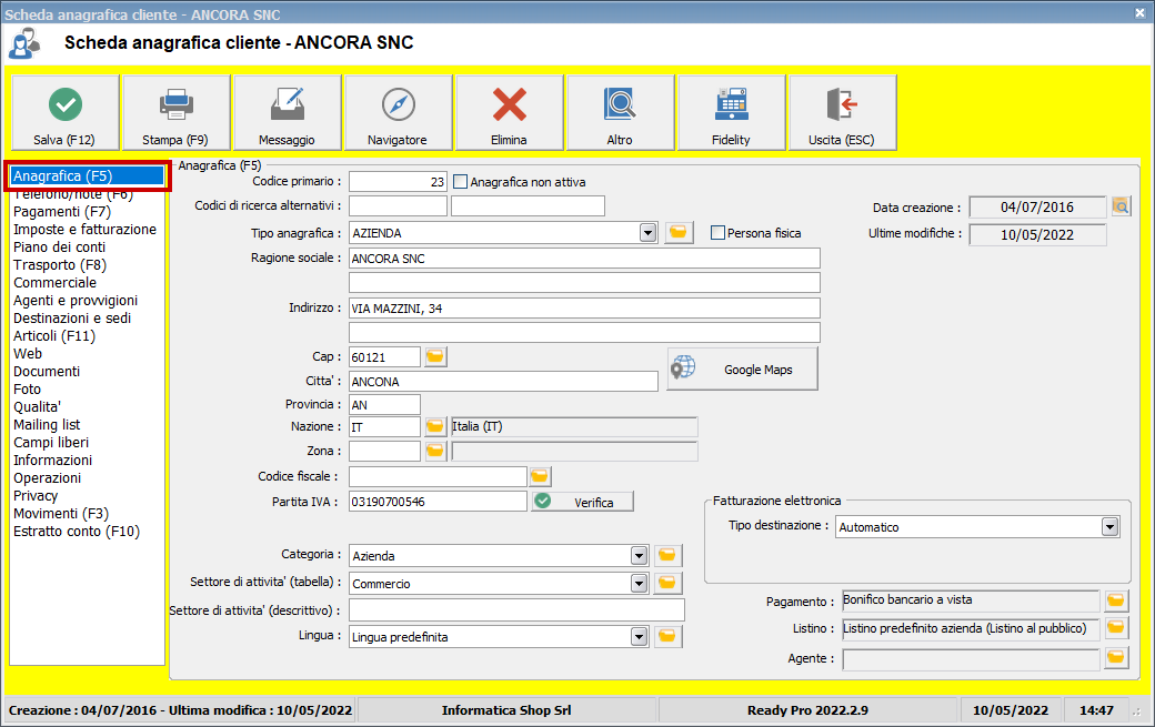 Dati anagrafici (Anagrafica) Ready Pro Manuale