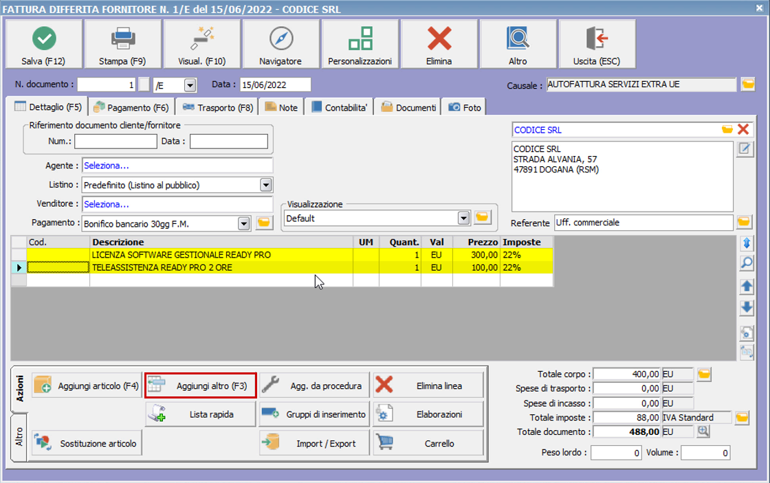 Esempio di creazione autofattura reverse charge elettronica Ready Pro